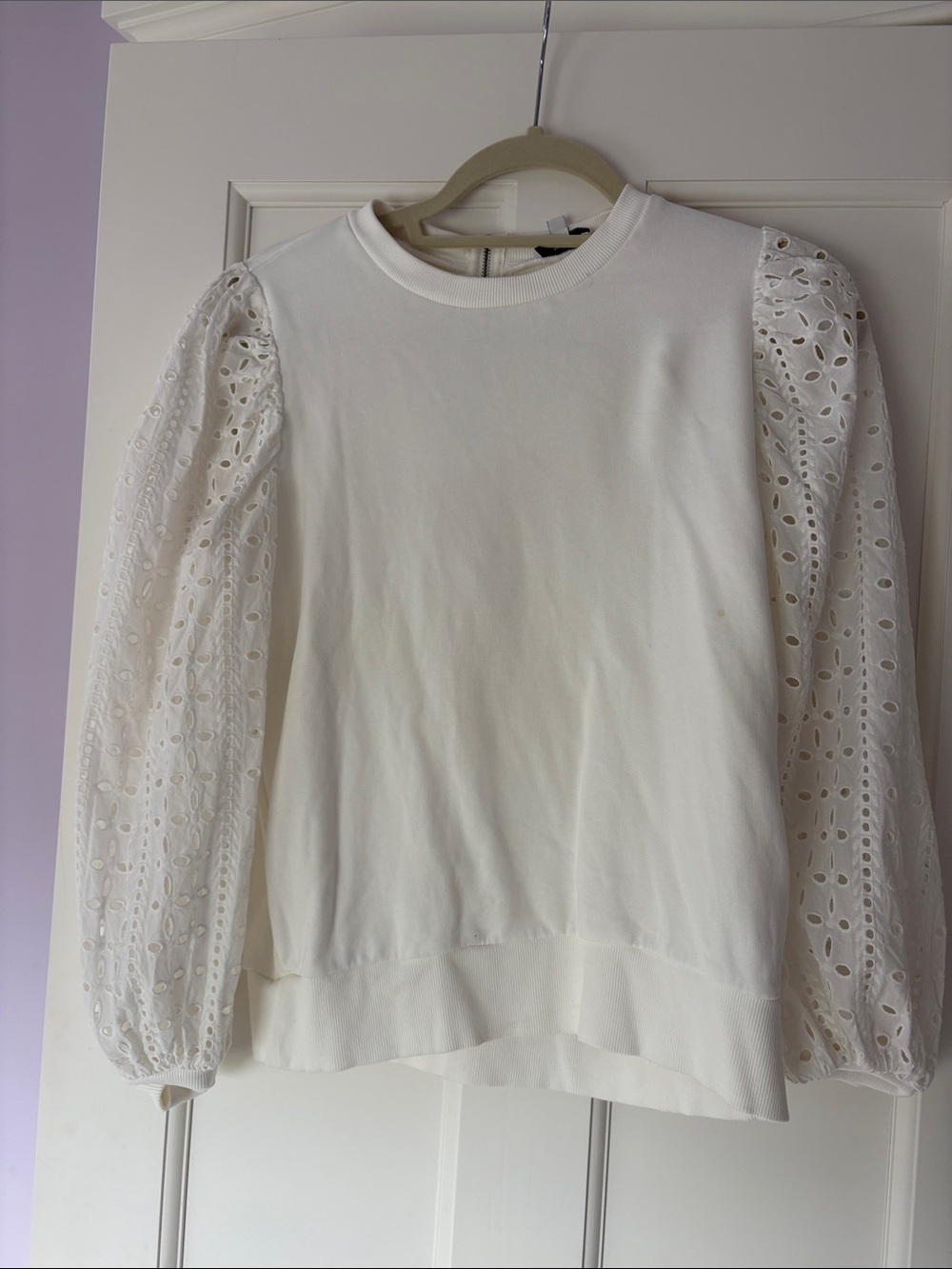 Anthropologie White Eyelet Puff Sleeve Sweatshirt